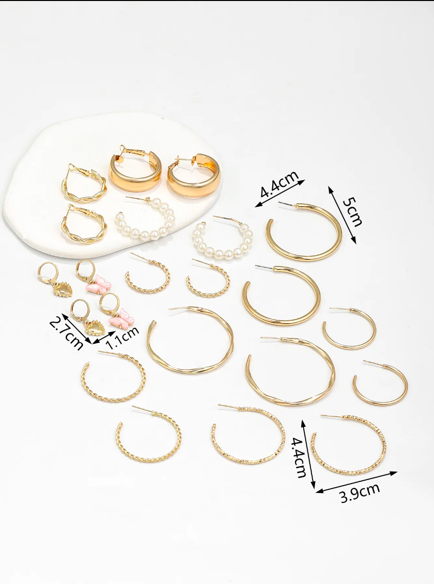 12-Pair 18K Gold-Plated Earrings Set | Stud & Hoop, Pearl, Butterfly Design