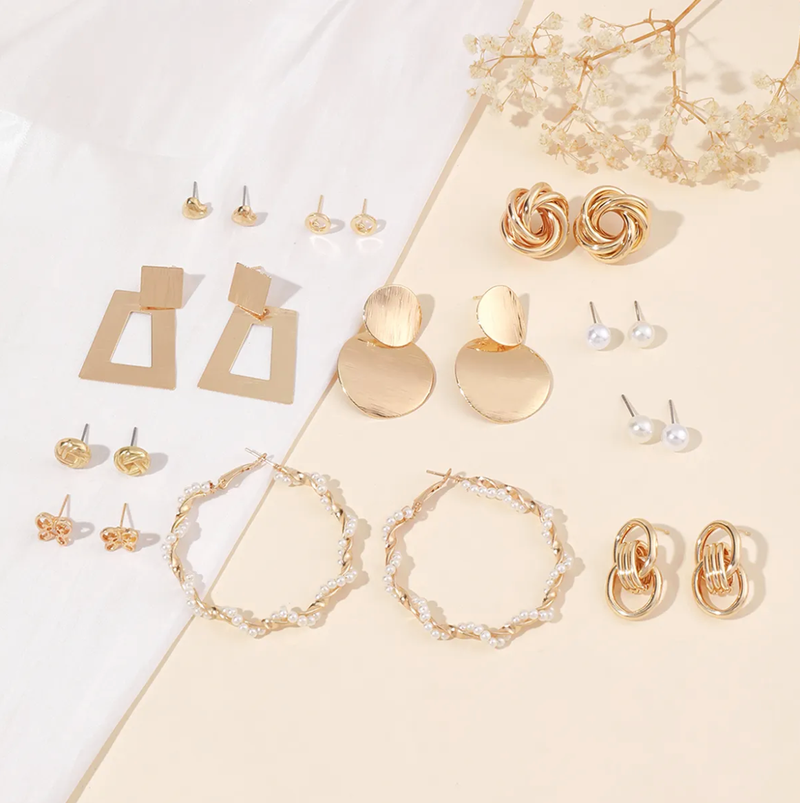 12-Pair Hoop Earring Set - Trendy Pearl design fashion jewelry