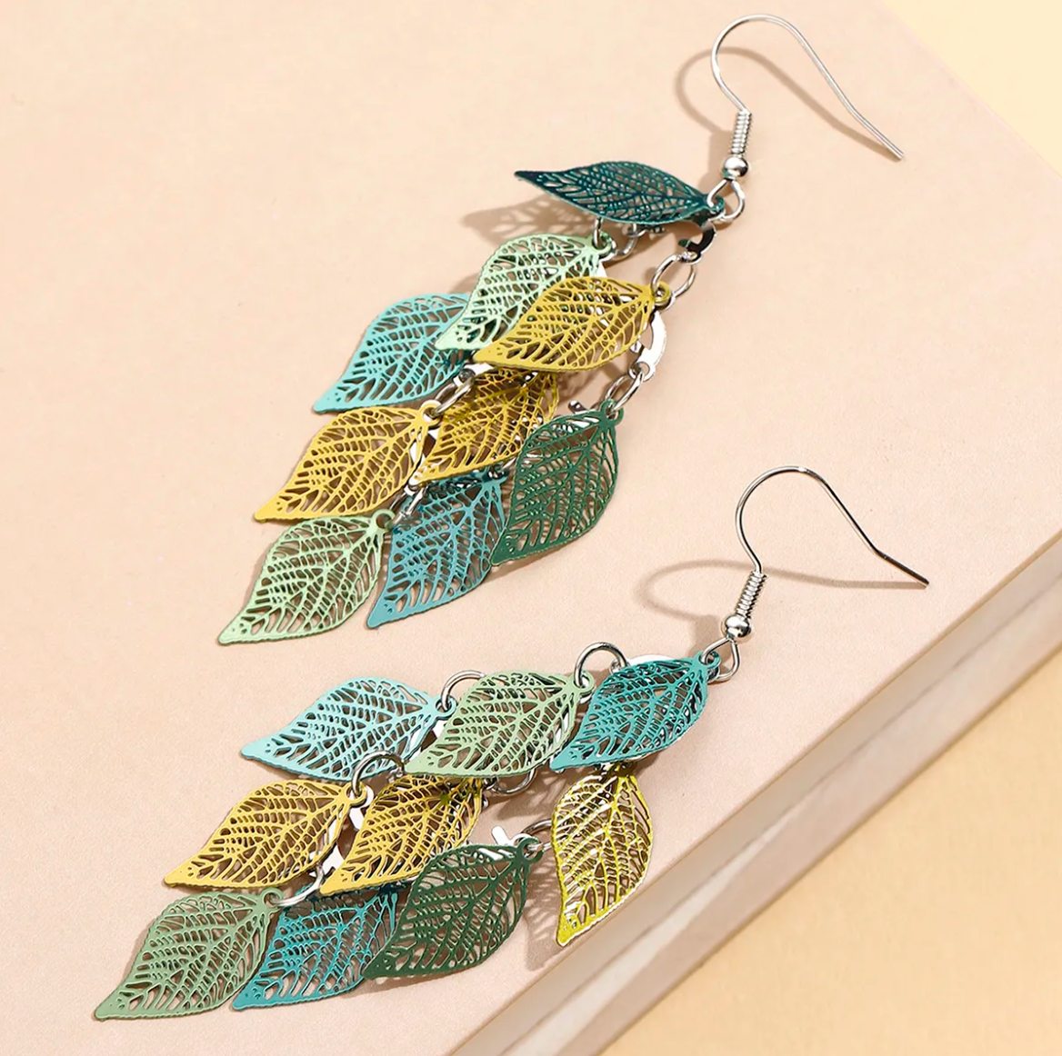Multi-Leaf Peacock Chandelier Earrings | Silver-Plated Fashion Jewelry