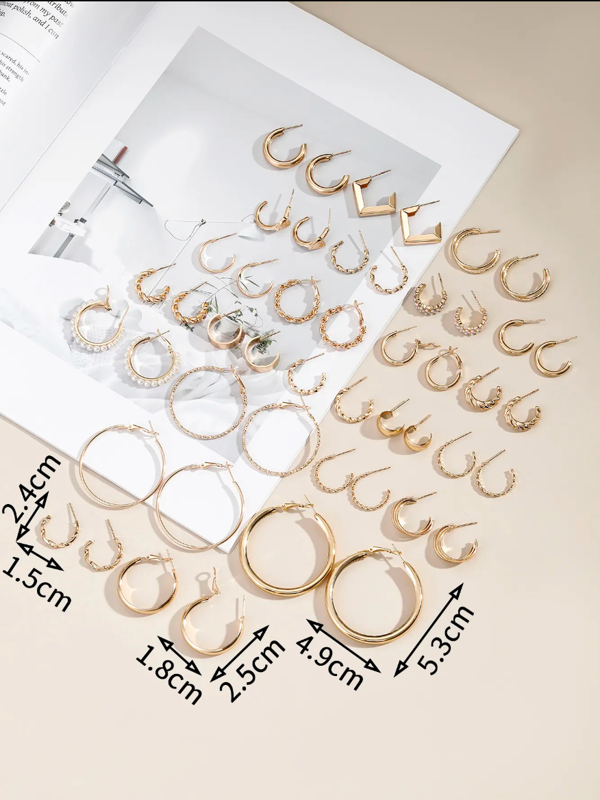 24-Pair 18K Gold-Plated Punk Hoop Earring Set | Anti-Tarnish