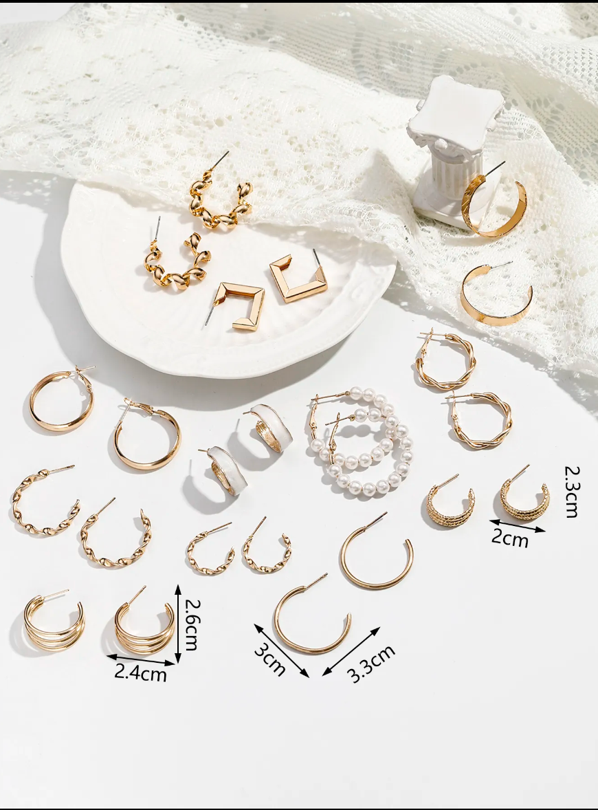 12-Pair Hoop Earring Set | Pearl-Featured Punk Style Gold-Plated