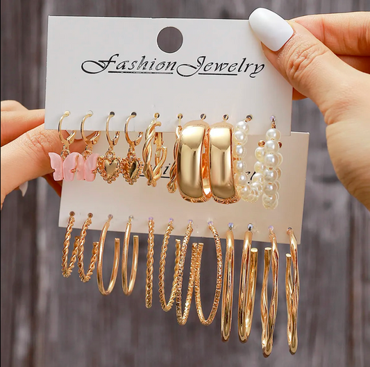 12-Pair 18K Gold-Plated Earrings Set | Stud & Hoop, Pearl, Butterfly Design