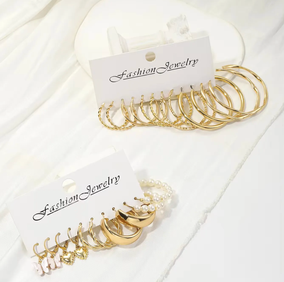 12-Pair 18K Gold-Plated Earrings Set | Stud & Hoop, Pearl, Butterfly Design