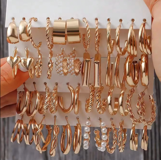 24-Pair Pearl Hoop Earring Set | Trendy Style Gold-Plated