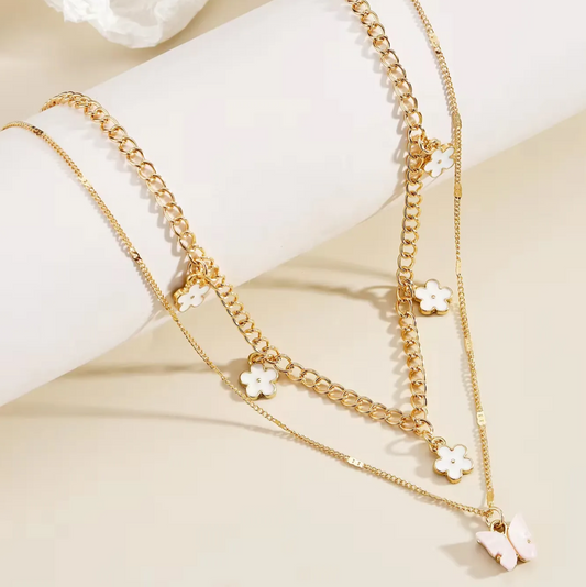 Acrylic Butterfly Necklace | Layered Daisy Dotted Design, 18K Gold-Plated