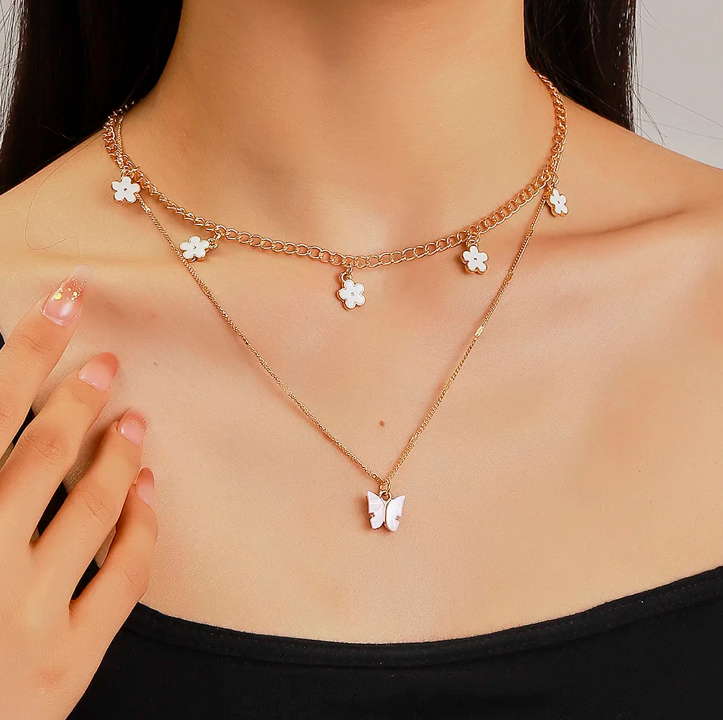 Acrylic Butterfly Necklace | Layered Daisy Dotted Design, 18K Gold-Plated