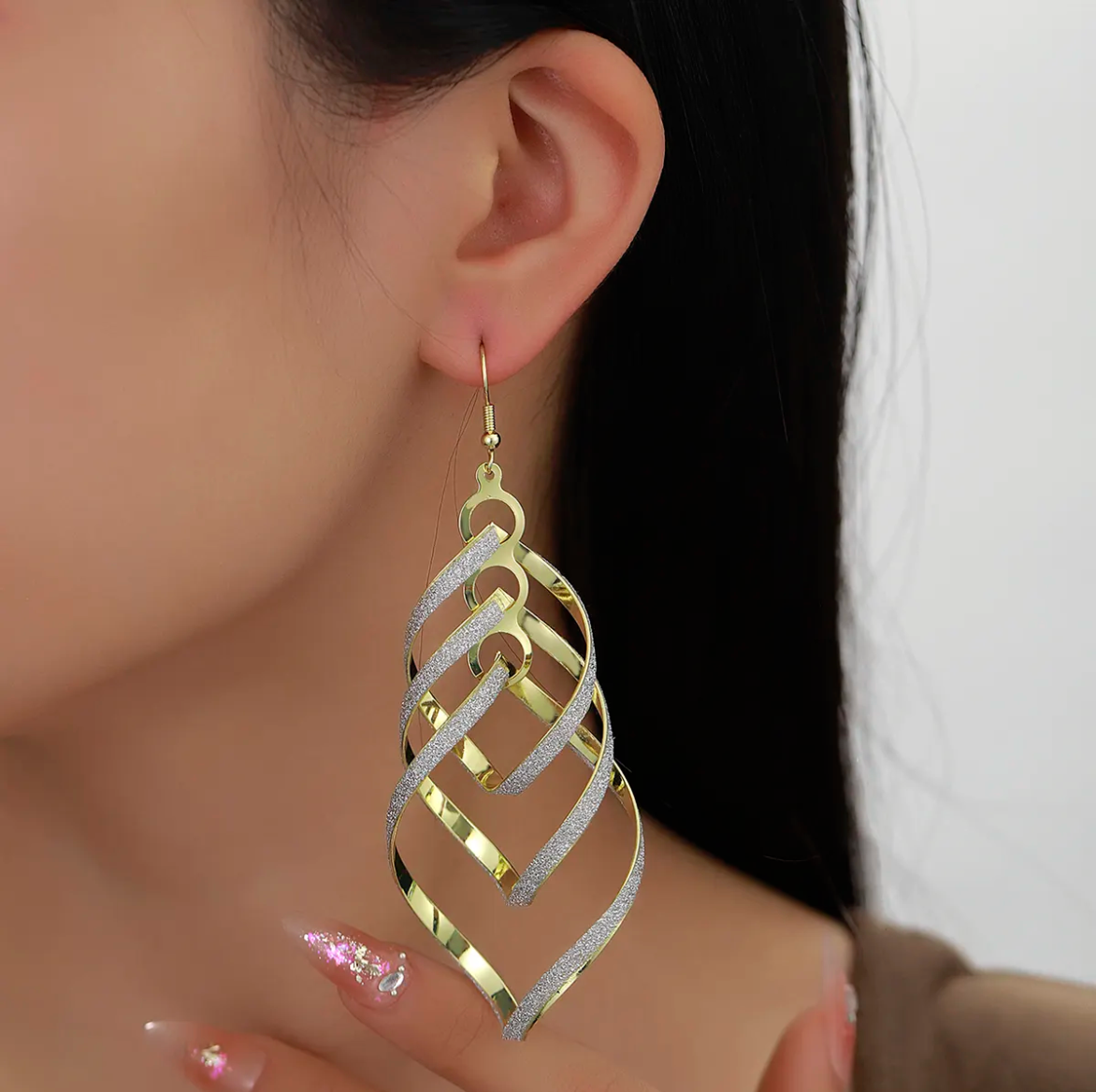 Fashion Chandelier Earrings | Glitter Swirling Spiral Drop Design