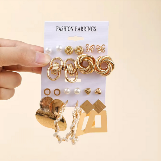 12-Pair Hoop Earring Set - Trendy Pearl Butterfly design fashion jewelry