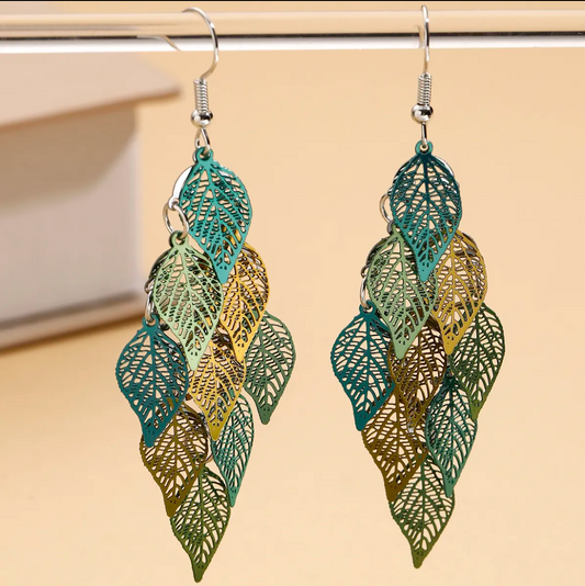 Multi-Leaf Peacock Chandelier Earrings | Silver-Plated Fashion Jewelry