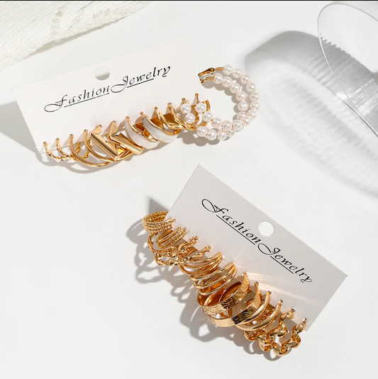 12-Pair 18K Gold-Plated Earrings Set | Stud & Hoop, Pearl, Butterfly Design