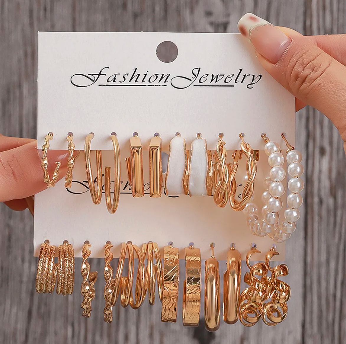 12-Pair Hoop Earring Set | Pearl-Featured Punk Style Gold-Plated